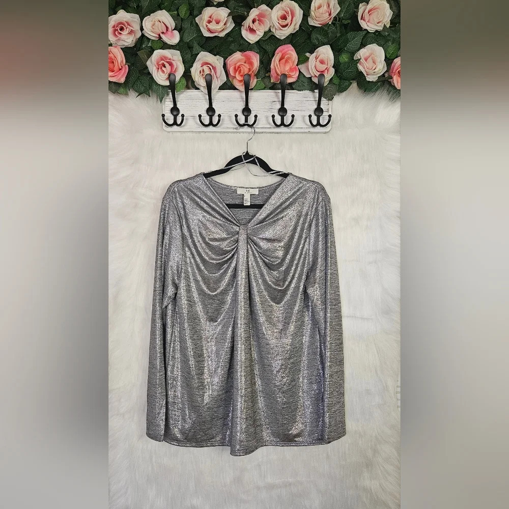 Halston Holiday Argent Draped Front Longsleeve Top